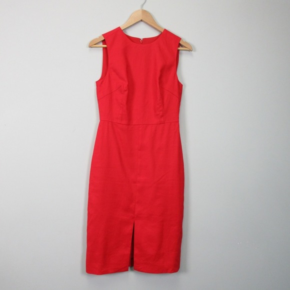 J.Crew High Neck Sheath Dress Midi 2 Red Linen Stretch Pencil Career Office 348 - Picture 1 of 11